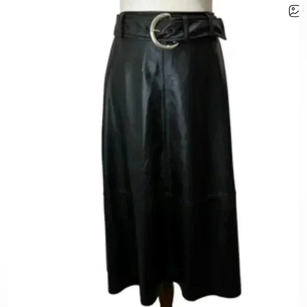 NWT Black vegan Leather midi Skirt w belt